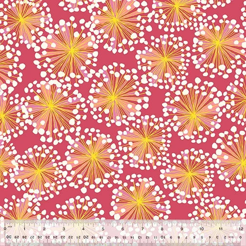 Cotton quilting fabric with fireworks floral pattern in red, yellow and white