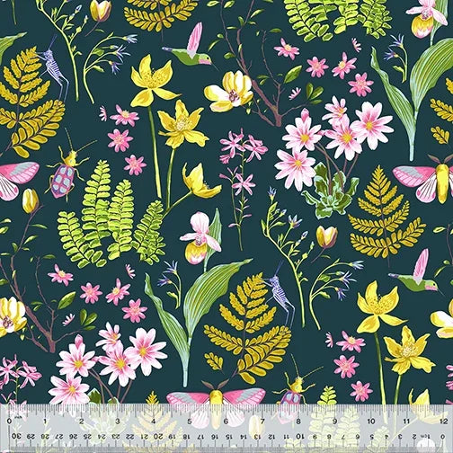 Botanical floral fabric with dark background, yellow blossoms, pink flowers, and butterflies