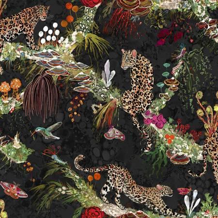 Wild Wander Felidae fabric, dark nightshade with leopard cats and botanical foliage
