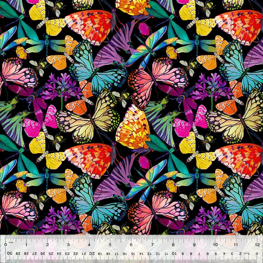Butterfly print fabric with dark background, colorful wings and floral accents