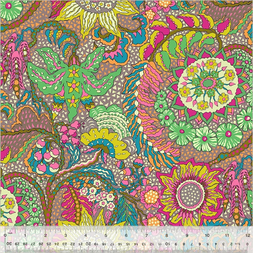 Colorful botanical print fabric with whimsical forms