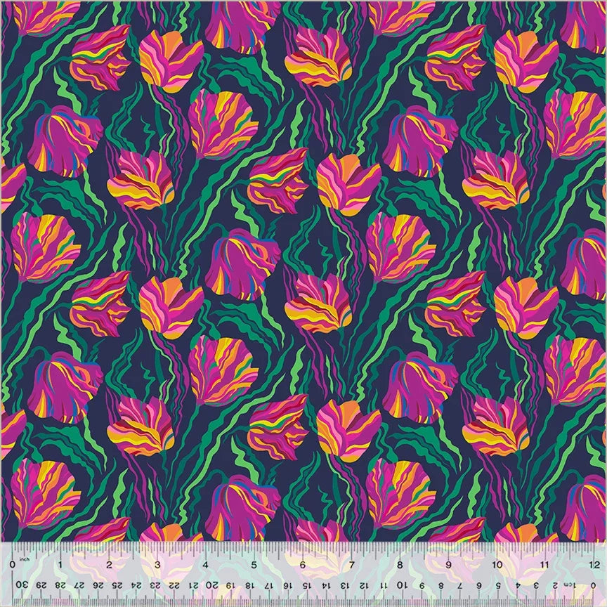 Indigo tulip floral fabric with dark green, purple, and yellow repeating pattern