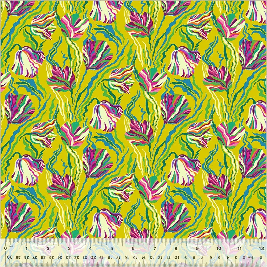 Chartreuse tulip print fabric with pink and teal swirls, pattern repeats across the cloth