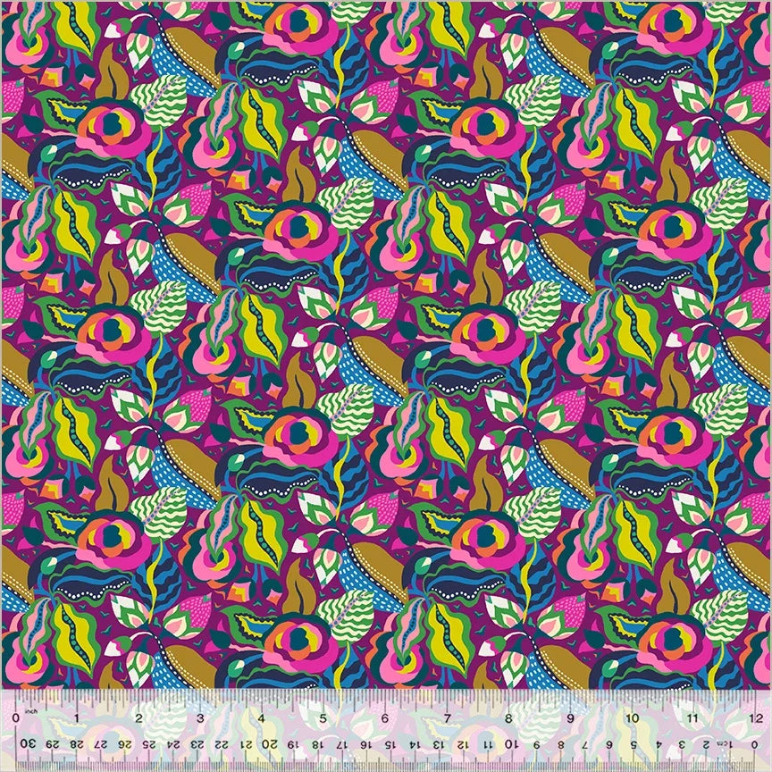 Multicolor floral fabric with grape-toned camellia flowers, leaves and wavy lines