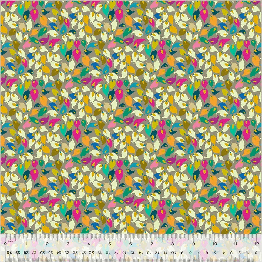 Multicolor leaf and mushroom print fabric swatch