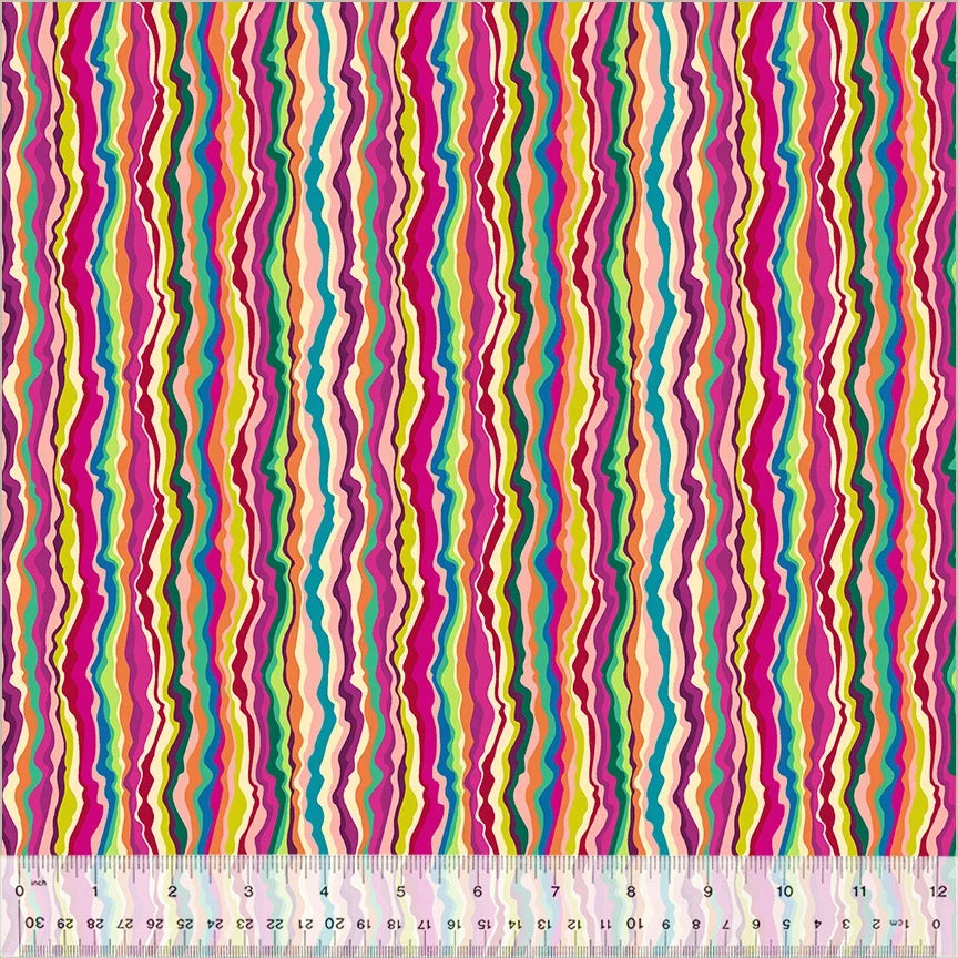 Shimmer fabric swatch with vertical wavy stripes in pink, yellow, teal, purple