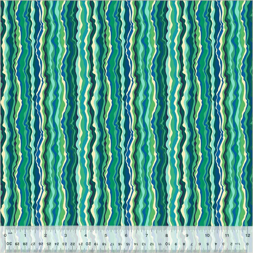 Teal and blue wavy stripe fabric swatch with shimmer effect