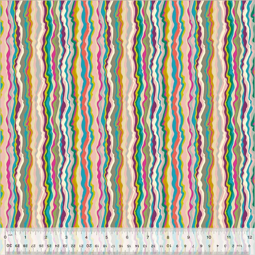 Shimmer mushroom patterned fabric with multicolor wavy vertical stripes