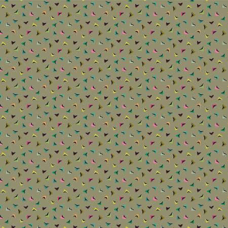 Light green printed fabric with tiny mushroom and flutter pattern, all-over repeat