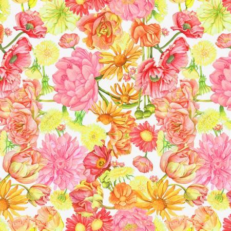 Floral fabric yardage with pink, orange, and yellow blooms and green leaves