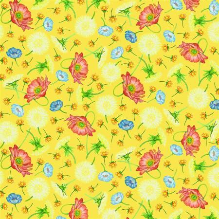 Floral print fabric with blue and pink flowers on a bright yellow background