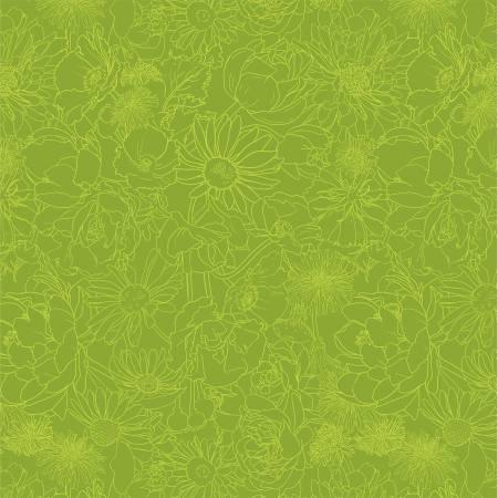 Printed fabric panel with green grass and floral sketch pattern