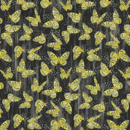 Butterfly print fabric with yellow butterflies on dark background