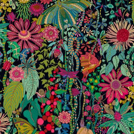 Botanical fabric with bright flowers, leaves, and teardrop shapes, multicolor floral print