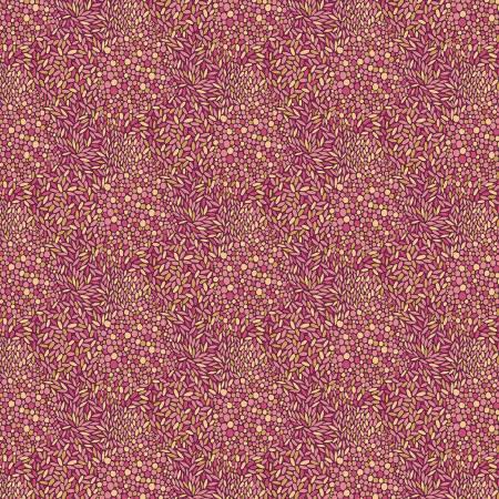 Pink confetti print fabric with tiny leaf-like sprigs in purple and cream