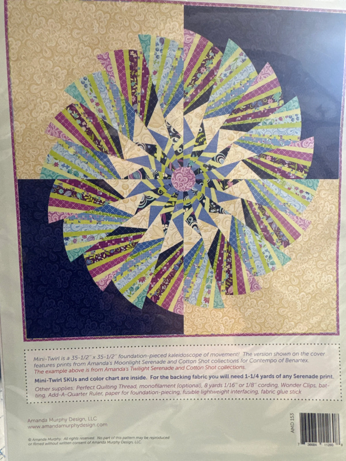 Mini-Twirl foundation paper piecing pattern cover, multicolor starburst quilt block design