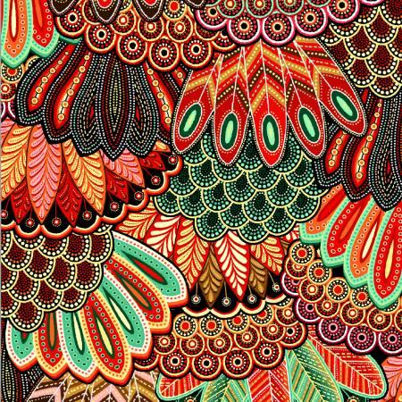 Feather-patterned teal fabric with multicolor scallops and paisley shapes