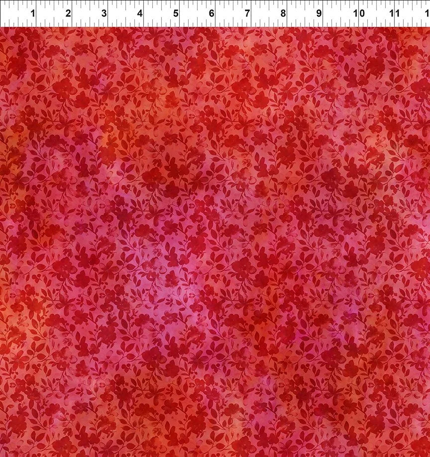 Red fabric with small twig and leaf floral pattern, dense allover print