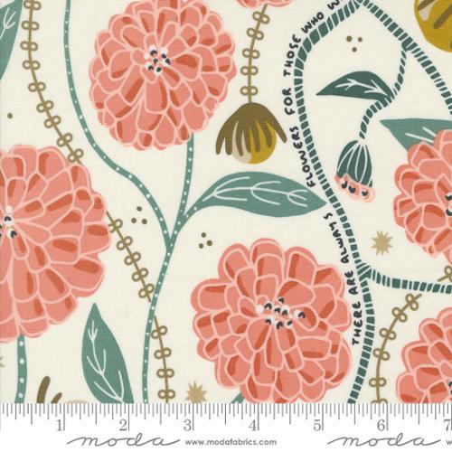 Floral cotton fabric with coral chrysanthemum blooms, teal leaves, and golden accents