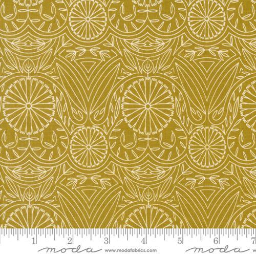 Golden floral quilting fabric with circular blooms and geometric line patterns