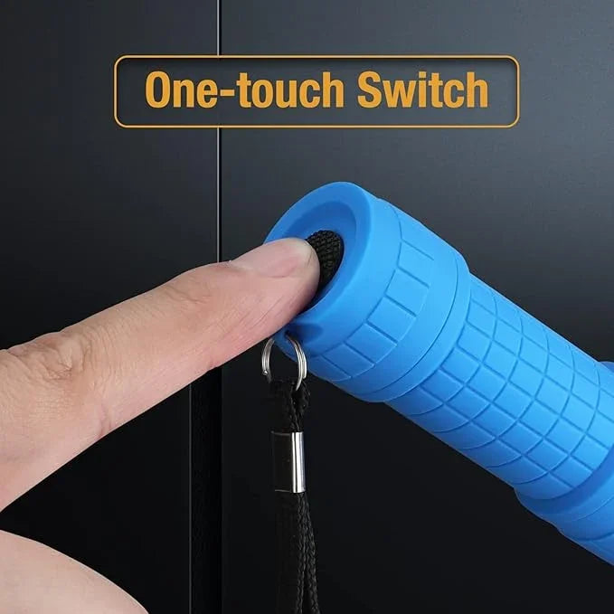 Hand holding blue mini UV flashlight with one-touch switch