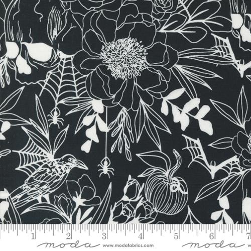 Black fabric with white botanical print, flowers, leaves, and web-like motifs
