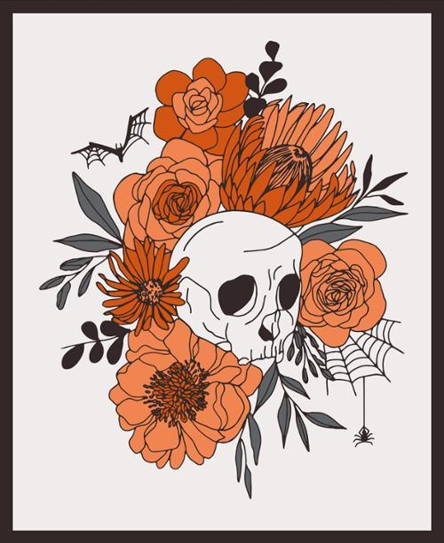 Skull floral fabric panel with orange roses, spiderwebs, and black leaves
