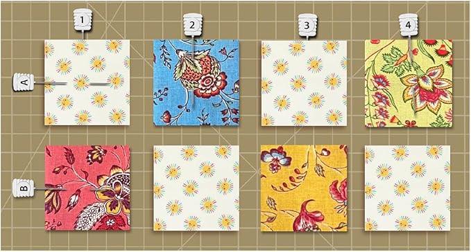 Fabric square alphabet and arrows pin assortment with various floral prints