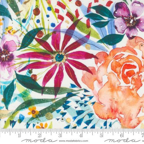 Floral quilting fabric with watercolor roses, leaves, and confetti accents on light background