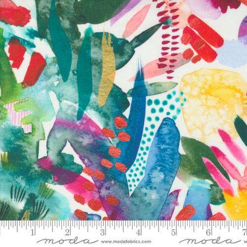 Abstract multicolor floral and geometric print fabric swatch, blue pink green yellow