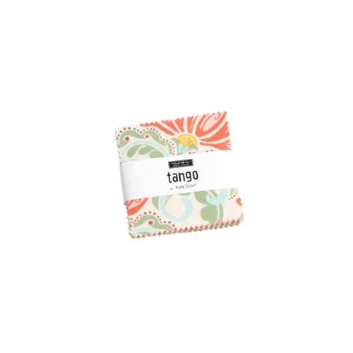 Stack of Moda Tango 2.5 inch squares in coral, cream, green and pink prints