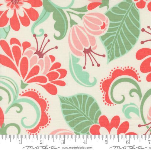 Floral quilting fabric with cream background, mint green leaves, coral and pink blossoms