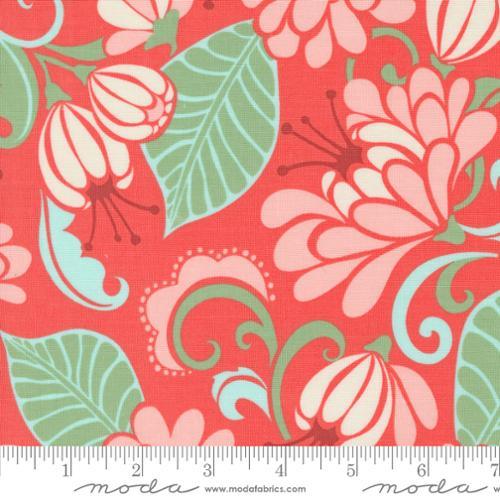 Floral fabric swatch with coral and pink flowers, white accents, mint leaves