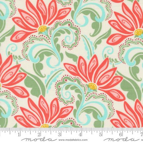 Cream printed fabric with coral and turquoise floral swirls pattern
