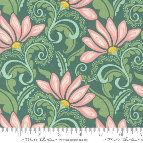 Green floral scroll print fabric with pink flowers and yellow centers