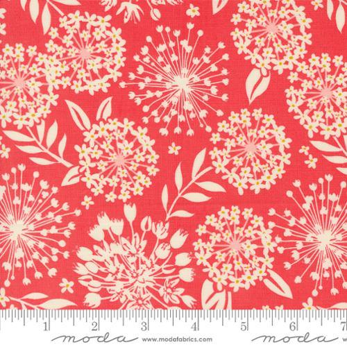 Red cotton fabric with cream floral dandelion and leaf print