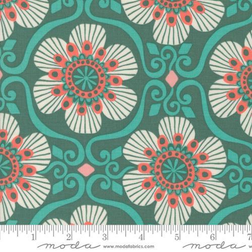 Teal floral quilting fabric with white and coral circular medallion pattern