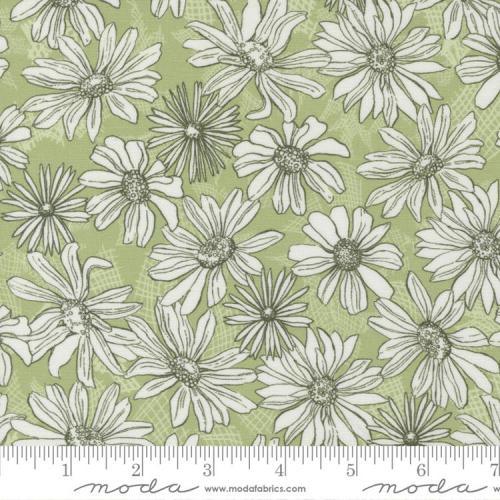 Green floral fabric swatch with white daisy-like blossoms and leafy stems