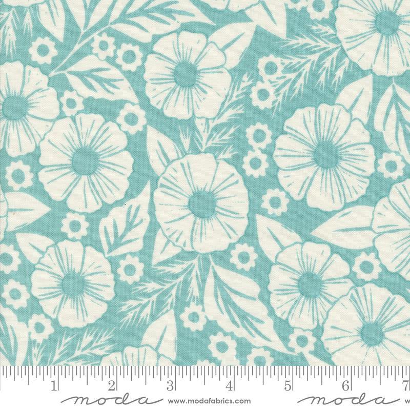 Floral fabric swatch in robin's egg blue with white daisy and leaf pattern
