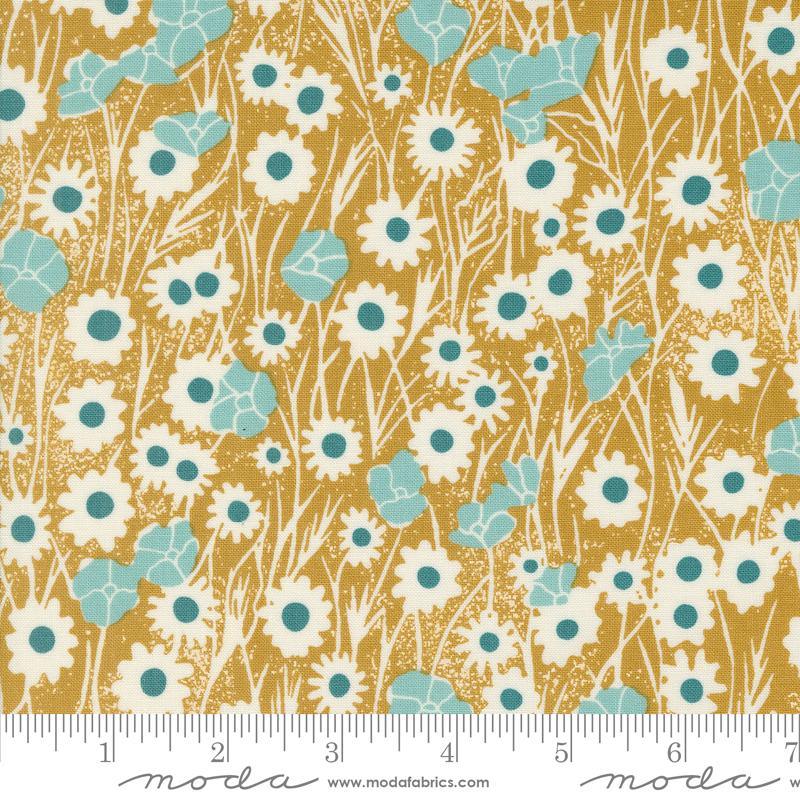 Floral cotton fabric with goldenrod and teal wildflower print, daisy-like blooms
