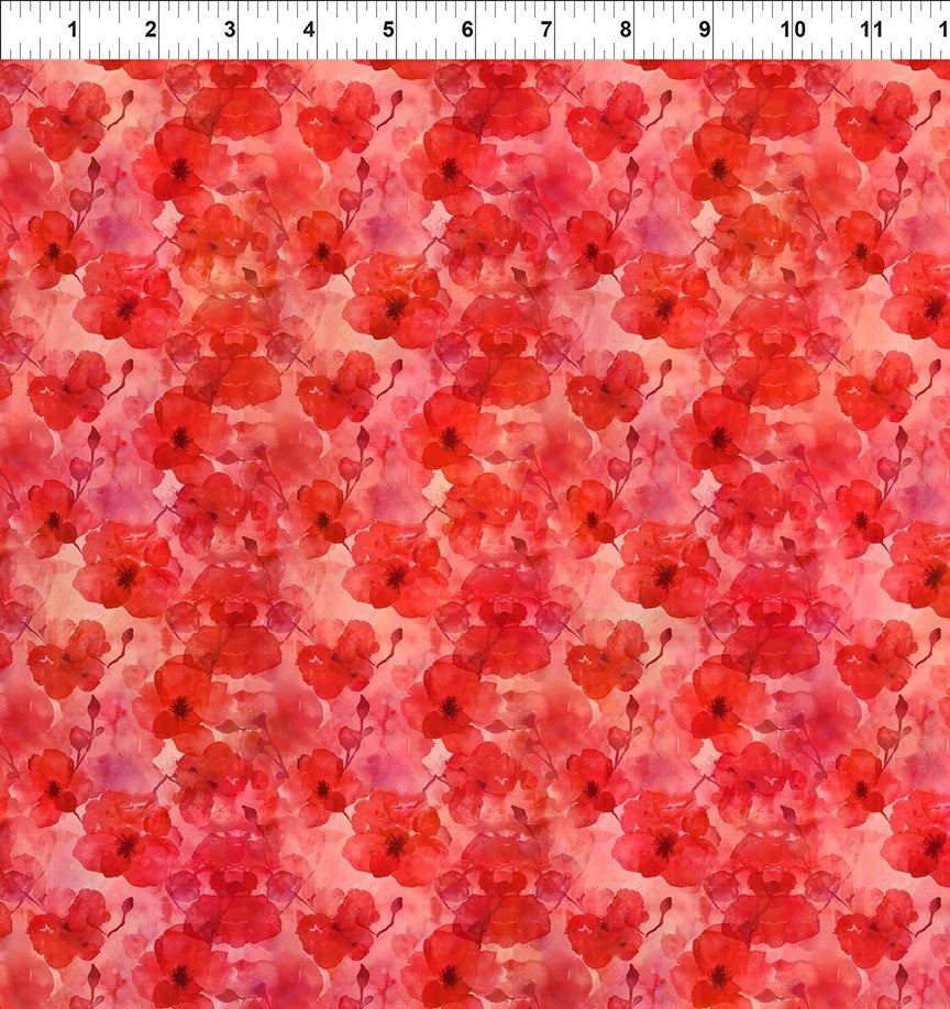 Scarlet floral watercolor fabric swatch with scattered blossoms and leaves