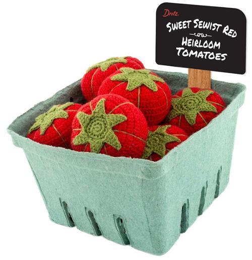 Dritz Sweet Sewist fabric: red heirloom tomatoes with green leaves in a basket