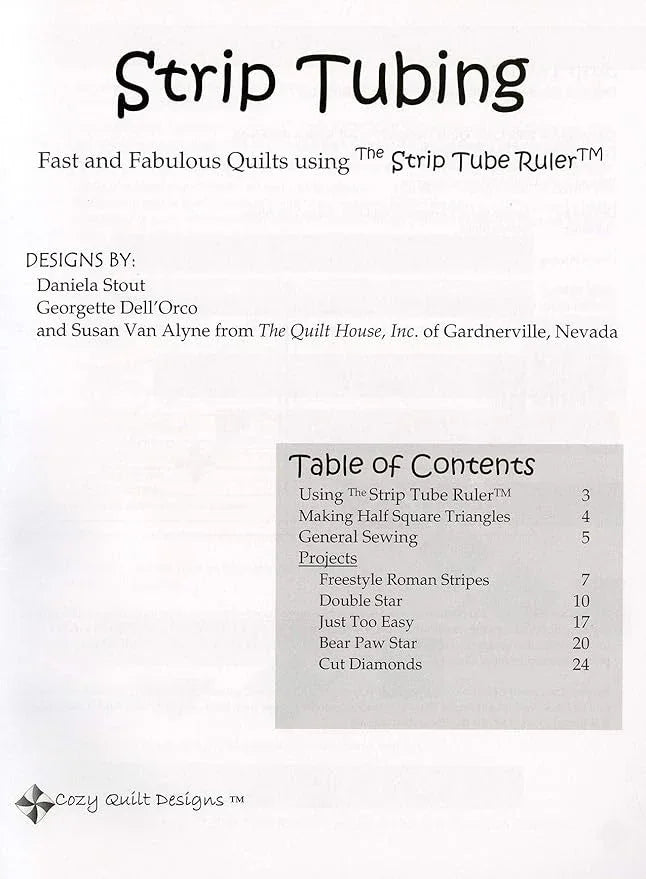 Strip Tubing quilting guide book, featuring table of contents page