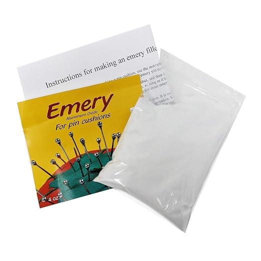 Emery instructions and aluminum oxide sachets for pin cushions, yellow and clear pouches