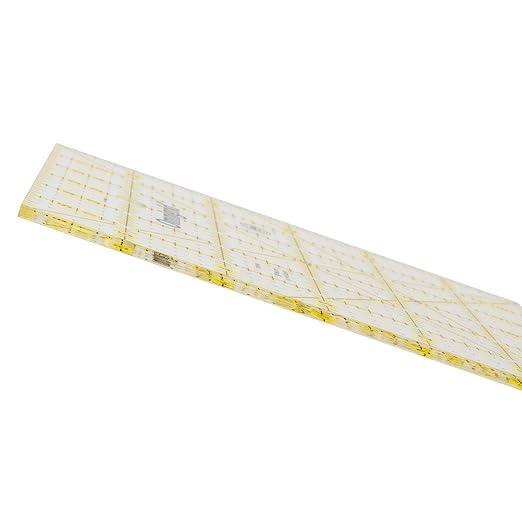 Yellow Omnigrid accuracy ruler, angled close view of grid and scale markings