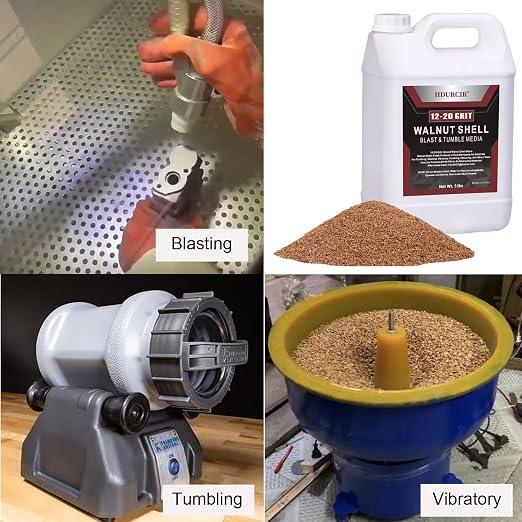 Walnut shell abrasive media (12–20 grit) shown for blasting, tumbling, and vibratory use