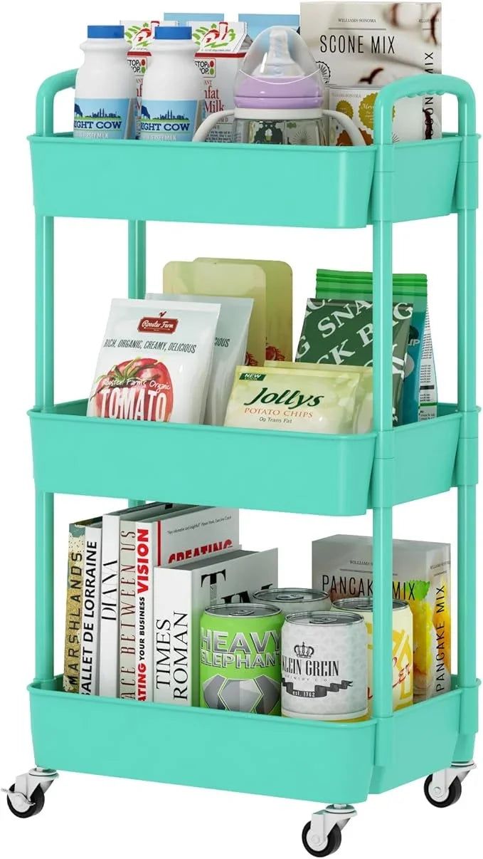Teal 3-tier rolling utility cart with handle, open shelves and caster wheels