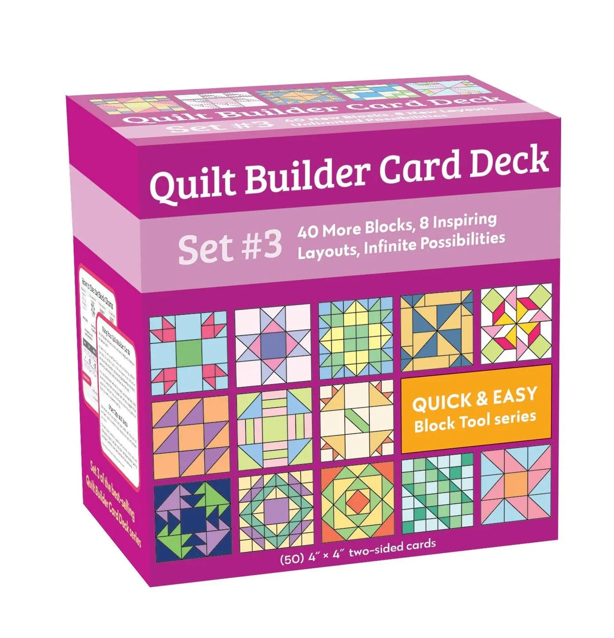 Quilt block card deck set in purple box with assorted colorful quilt block designs
