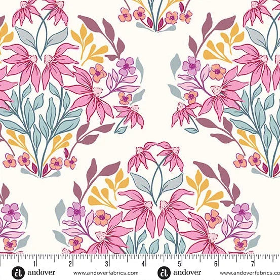 White cotton fabric swatch with pink flowers, purple leaves, and small yellow blossoms
