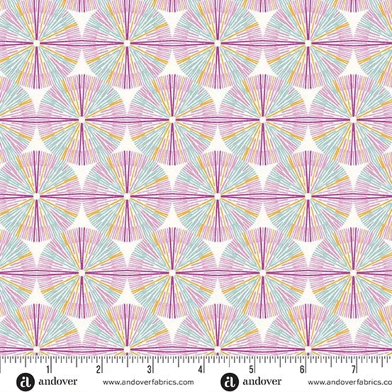 Purple and multicolor suncatcher sunburst print fabric with repeating pinwheel pattern